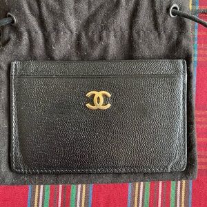 Chanel black goat skin caviar card case
